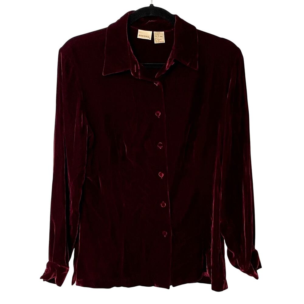Merona Red Velvet Long Sleeve Shirt S Covered Button Dark Romantic Victorian 90s